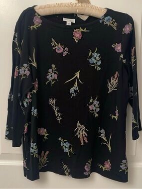 J. Jill Black Top with Floral Design/ 3/4 L Sleeves/ knit